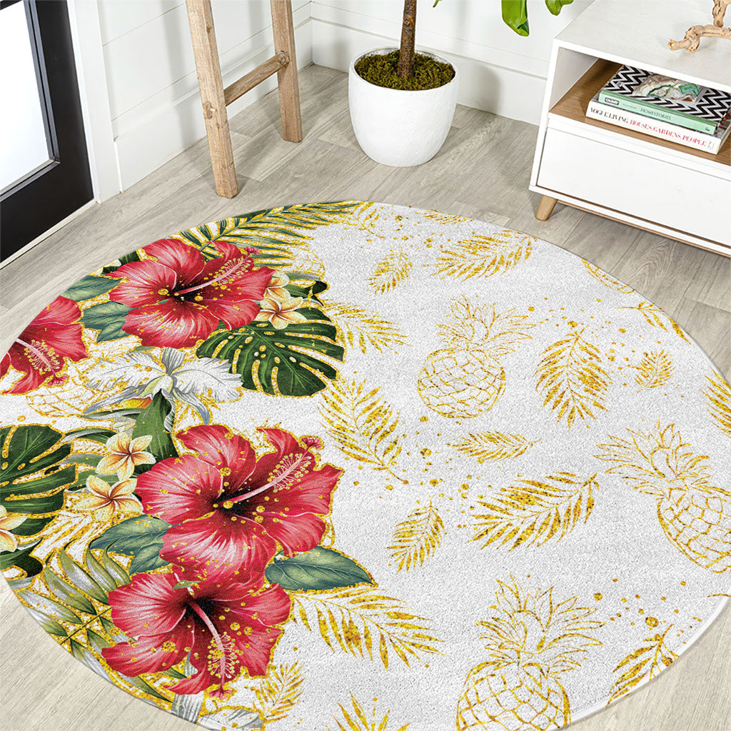 Hawaii Discoverers Day Round Carpet Tropical Hibiscus Glitter White LT05 White - Polynesian Pride