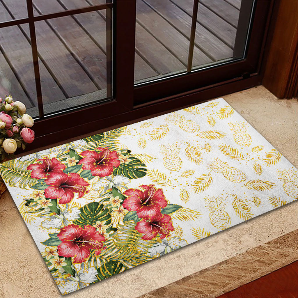 Hawaii Discoverers Day Rubber Doormat Tropical Hibiscus Glitter White LT05 - Polynesian Pride