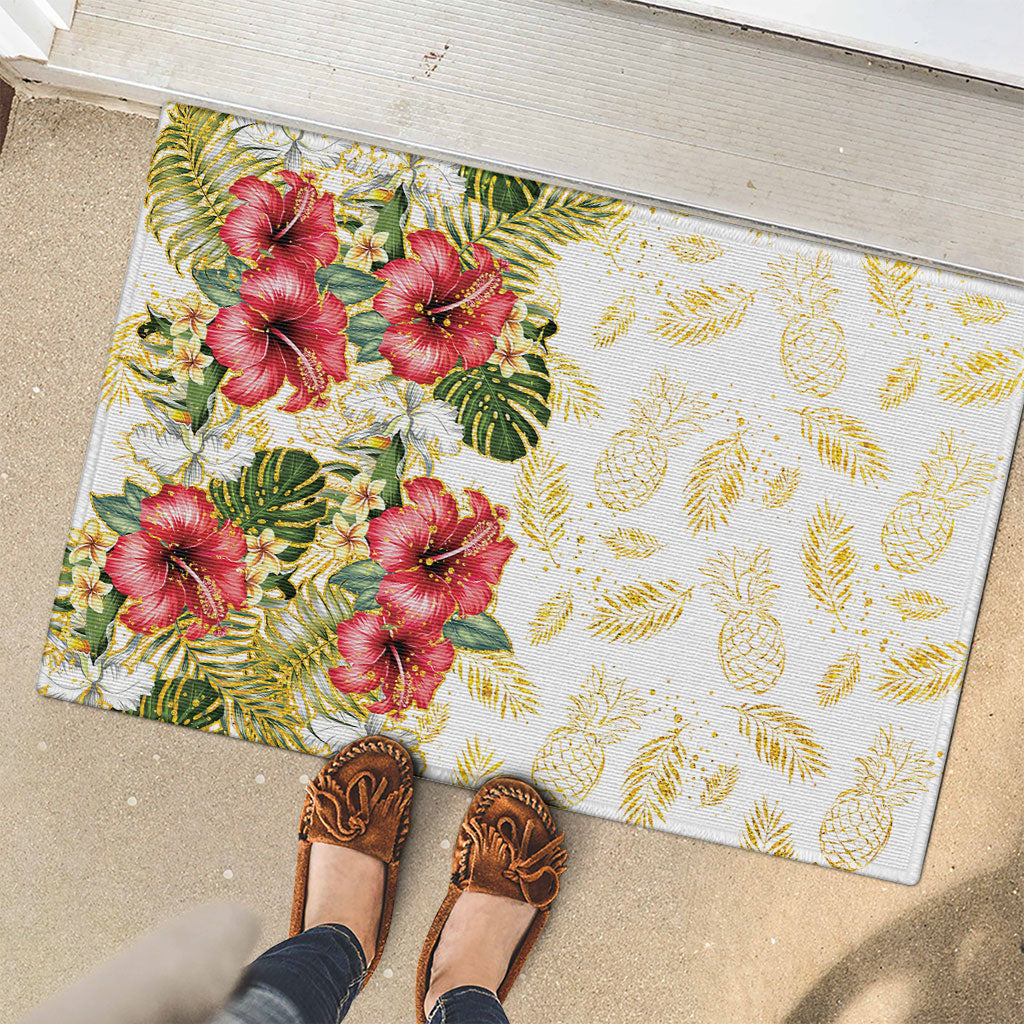 Hawaii Discoverers Day Rubber Doormat Tropical Hibiscus Glitter White LT05 - Polynesian Pride