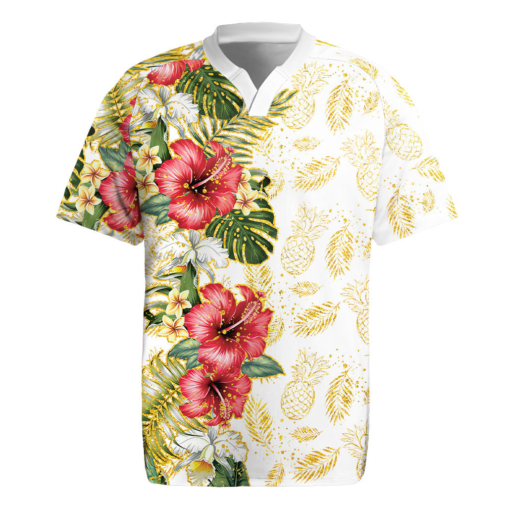 Hawaii Discoverers Day Rugby Jersey Tropical Hibiscus Glitter White LT05 White - Polynesian Pride