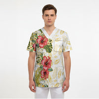 Hawaii Discoverers Day Scrub Top Tropical Hibiscus Glitter White LT05 - Polynesian Pride