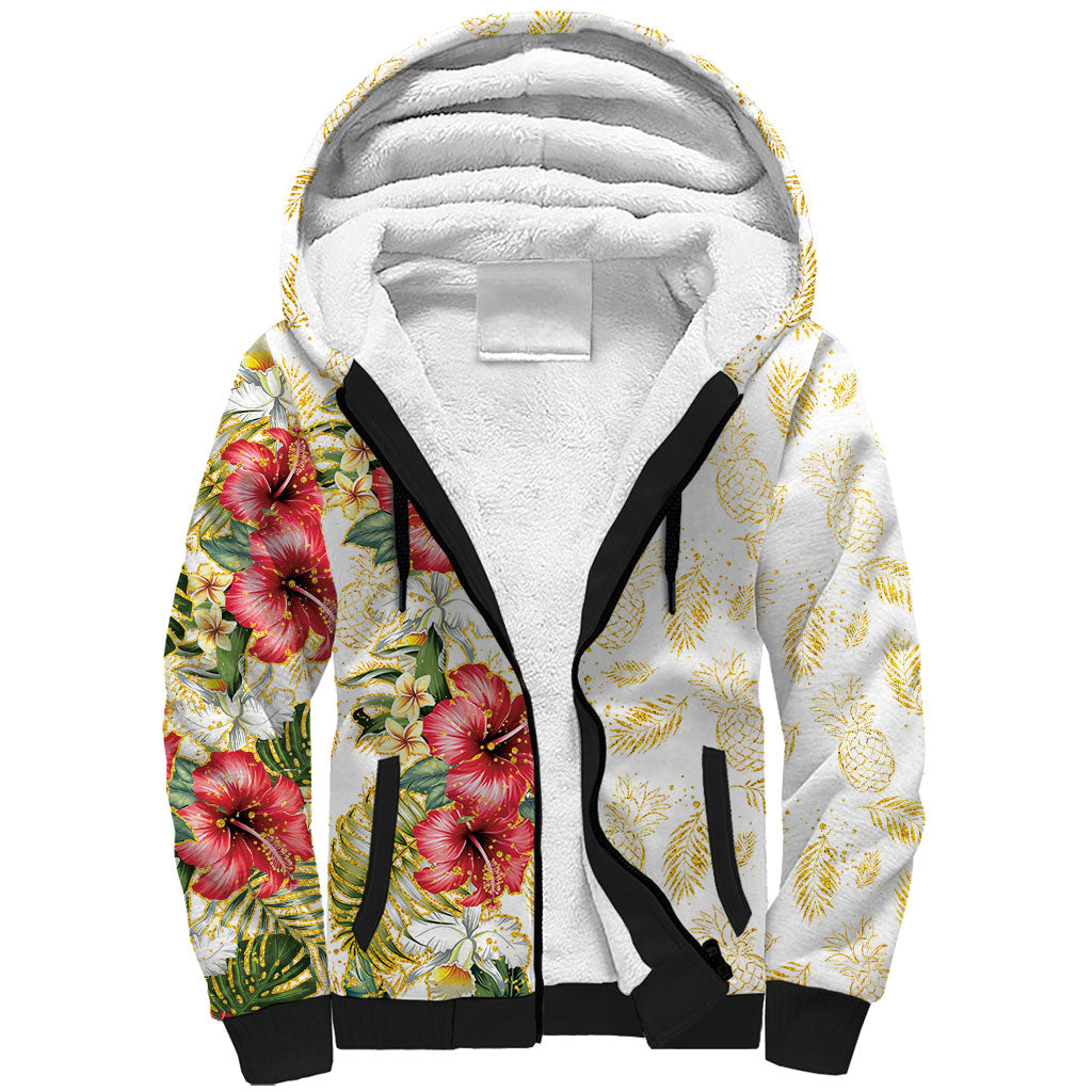 Hawaii Discoverers Day Sherpa Hoodie Tropical Hibiscus Glitter White LT05 Unisex White - Polynesian Pride