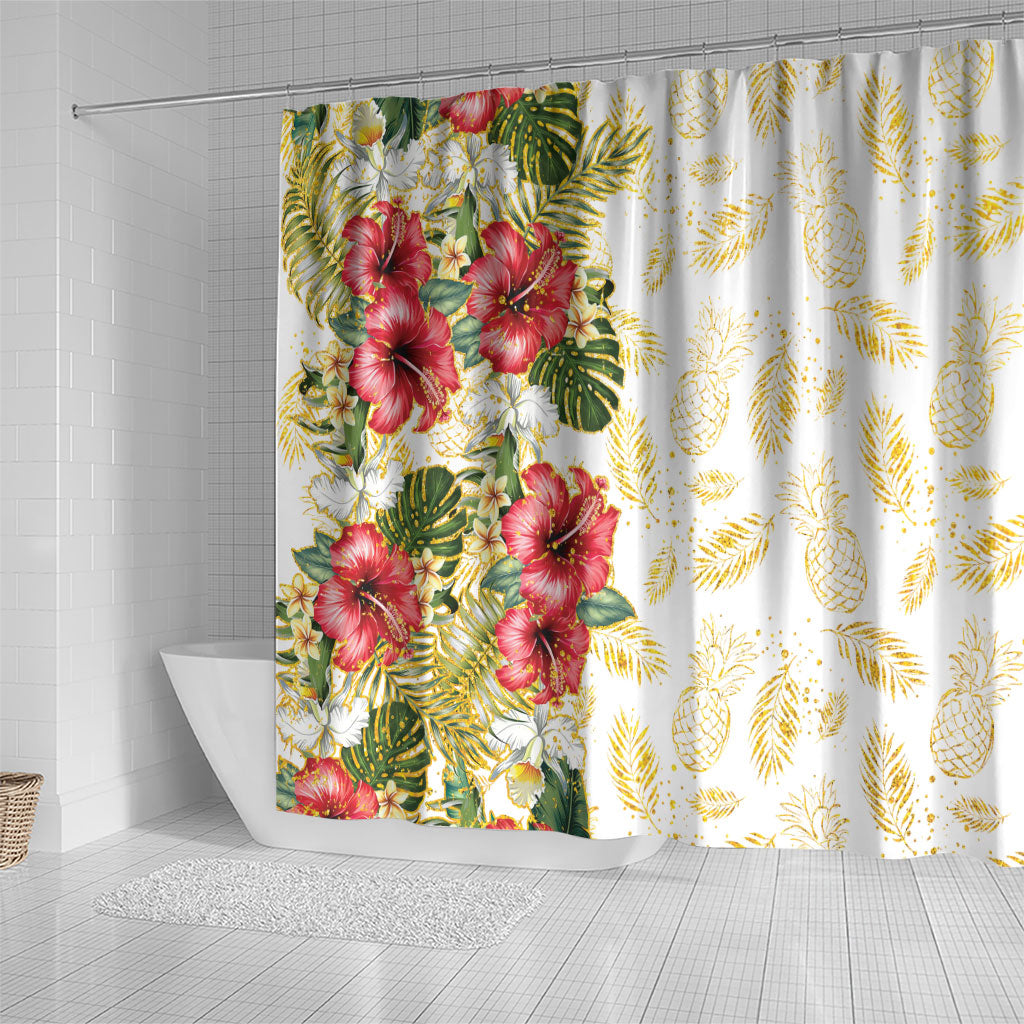 Hawaii Discoverers Day Shower Curtain Tropical Hibiscus Glitter White LT05 - Polynesian Pride