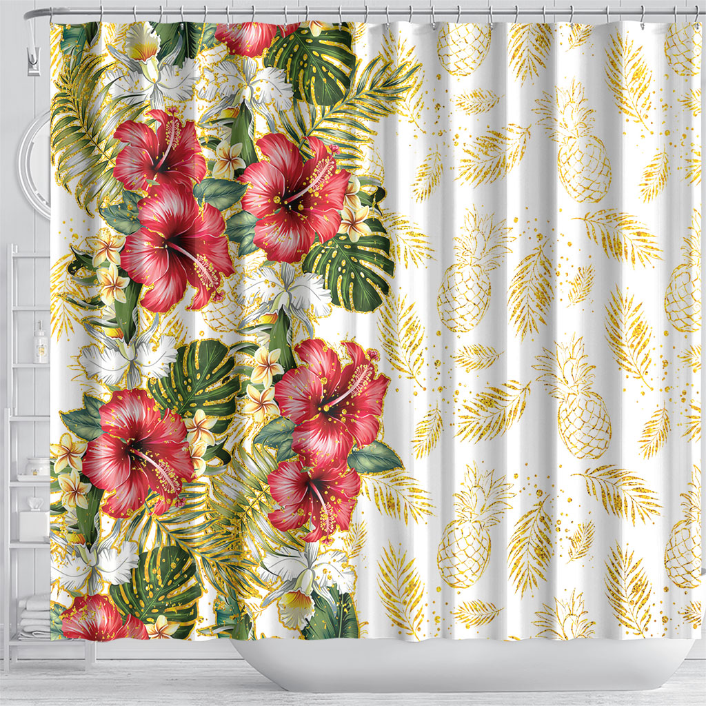 Hawaii Discoverers Day Shower Curtain Tropical Hibiscus Glitter White LT05 - Polynesian Pride
