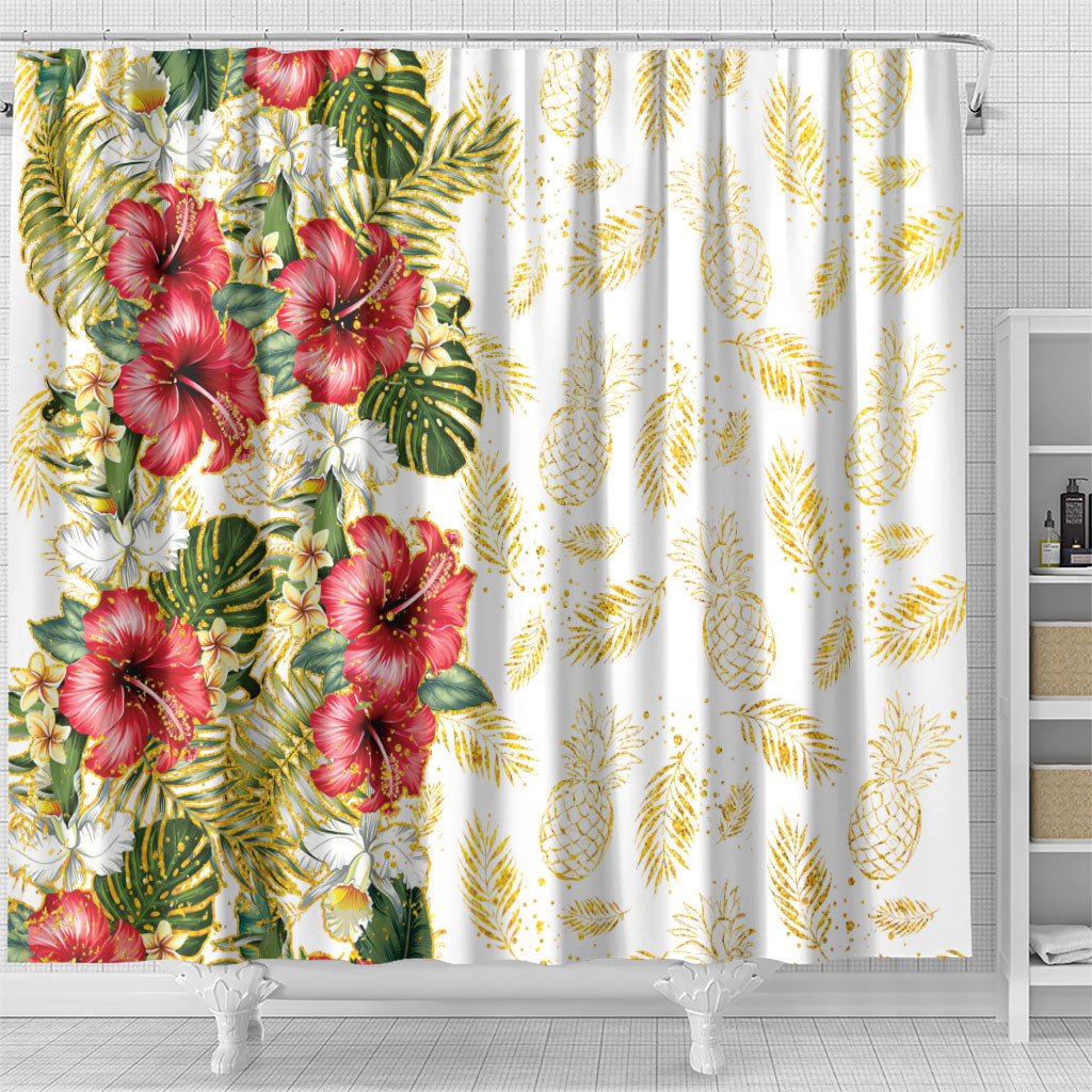 Hawaii Discoverers Day Shower Curtain Tropical Hibiscus Glitter White LT05 - Polynesian Pride