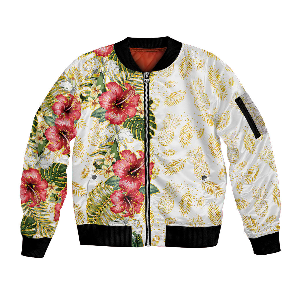 Hawaii Discoverers Day Sleeve Zip Bomber Jacket Tropical Hibiscus Glitter White LT05 Unisex White - Polynesian Pride