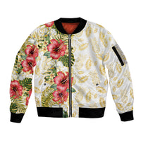 Hawaii Discoverers Day Sleeve Zip Bomber Jacket Tropical Hibiscus Glitter White LT05 Unisex White - Polynesian Pride