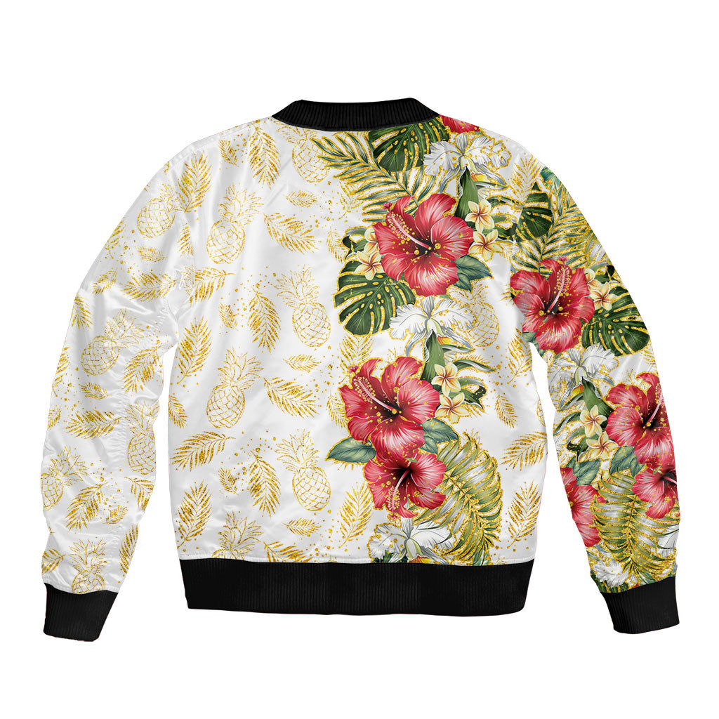 Hawaii Discoverers Day Sleeve Zip Bomber Jacket Tropical Hibiscus Glitter White LT05 - Polynesian Pride