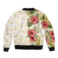 Hawaii Discoverers Day Sleeve Zip Bomber Jacket Tropical Hibiscus Glitter White LT05 - Polynesian Pride