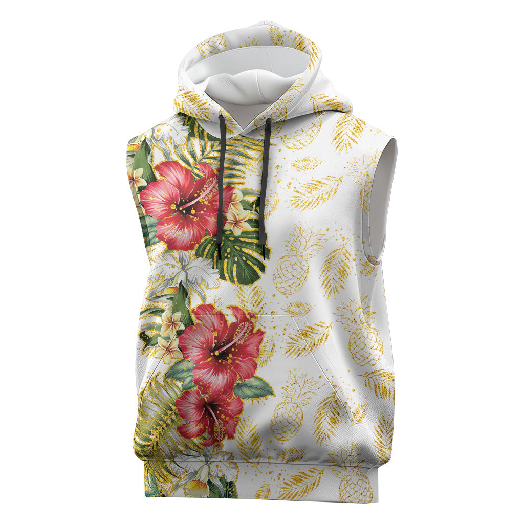 Hawaii Discoverers Day Sleeveless Hoodie Tropical Hibiscus Glitter White LT05 White - Polynesian Pride