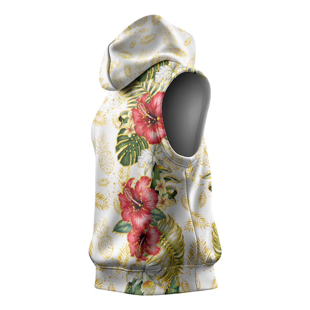 Hawaii Discoverers Day Sleeveless Hoodie Tropical Hibiscus Glitter White LT05 - Polynesian Pride