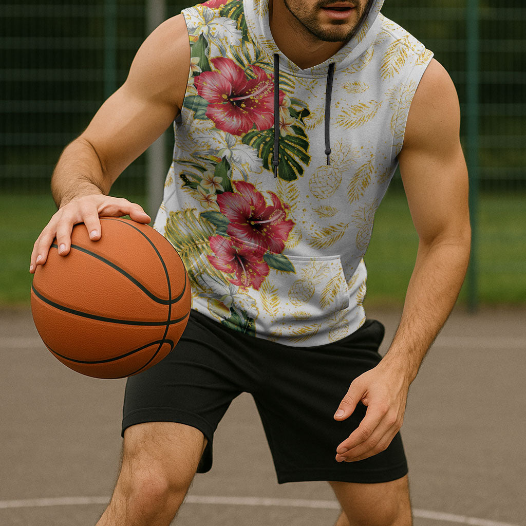Hawaii Discoverers Day Sleeveless Hoodie Tropical Hibiscus Glitter White LT05 - Polynesian Pride