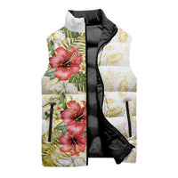 Hawaii Discoverers Day Sleeveless Puffer Jacket Tropical Hibiscus Glitter White LT05 - Polynesian Pride
