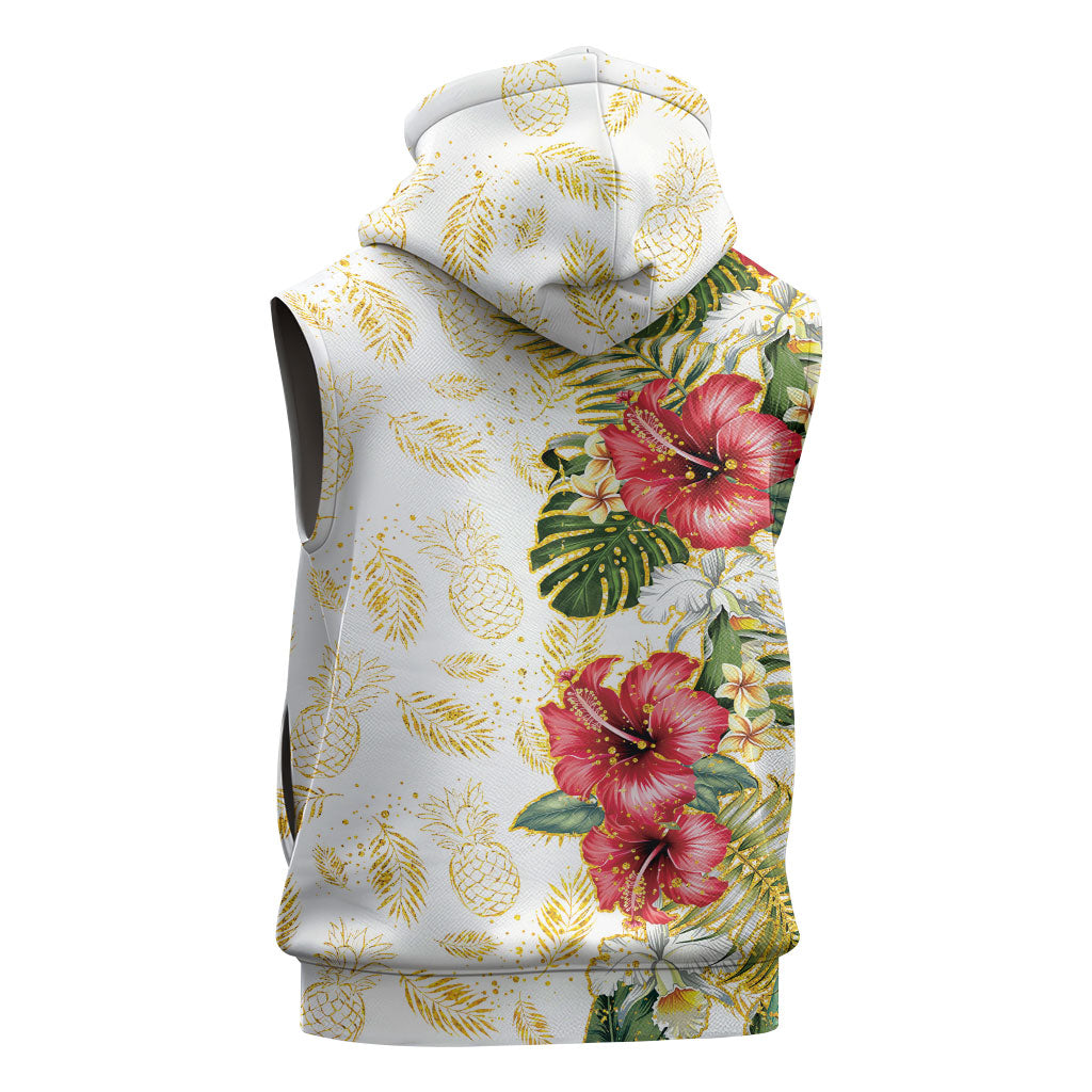 Hawaii Discoverers Day Sleeveless Zip Hoodie Tropical Hibiscus Glitter White LT05 - Polynesian Pride