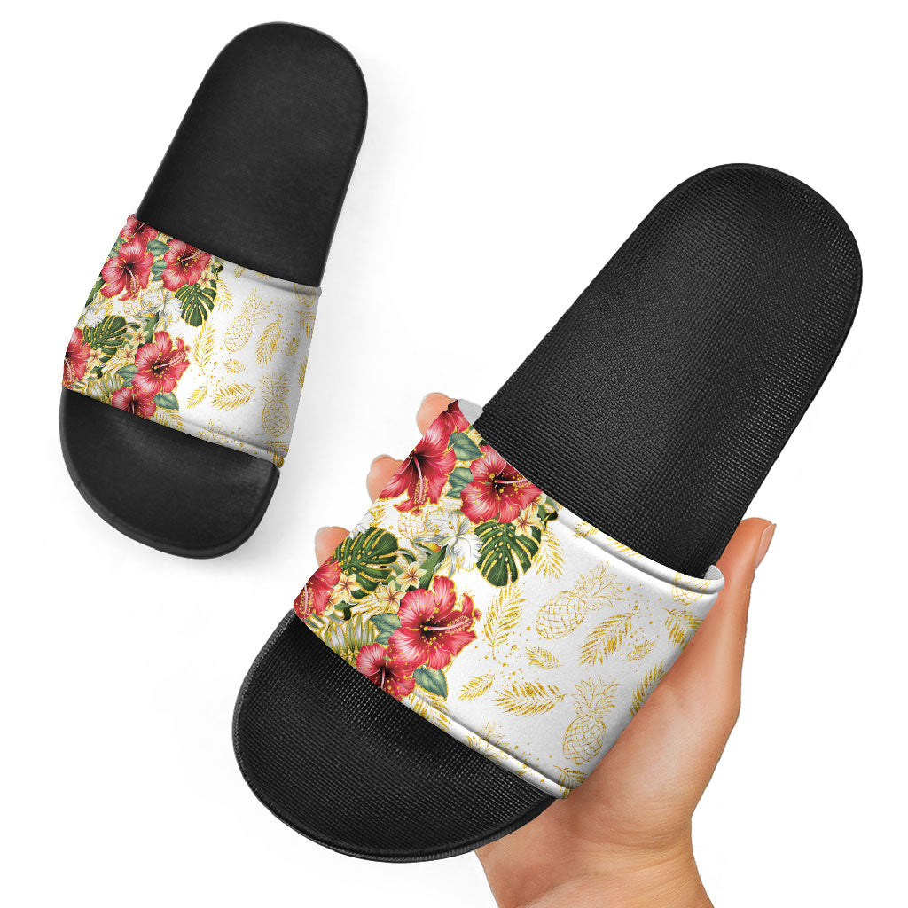 Hawaii Discoverers Day Slide Sandals Tropical Hibiscus Glitter White LT05 - Polynesian Pride