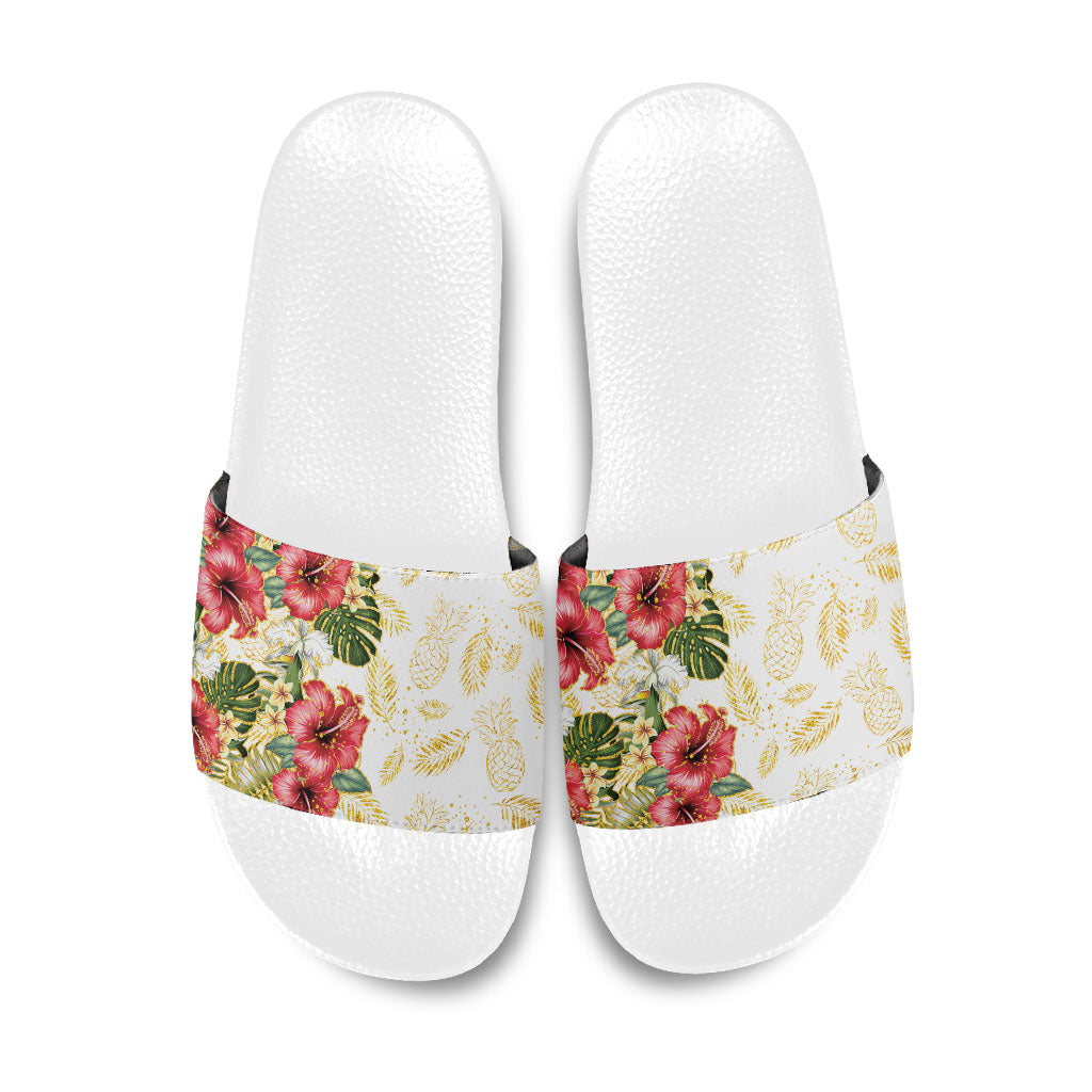 Hawaii Discoverers Day Slide Sandals Tropical Hibiscus Glitter White LT05 White - Polynesian Pride
