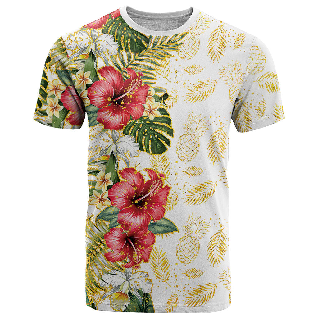 Hawaii Discoverers Day T Shirt Tropical Hibiscus Glitter White LT05 White - Polynesian Pride