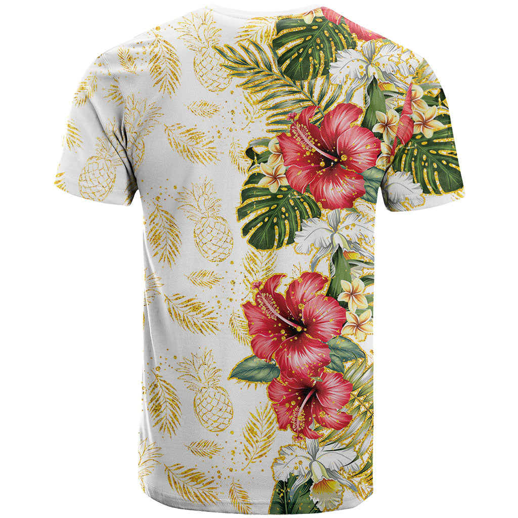 Hawaii Discoverers Day T Shirt Tropical Hibiscus Glitter White LT05 - Polynesian Pride