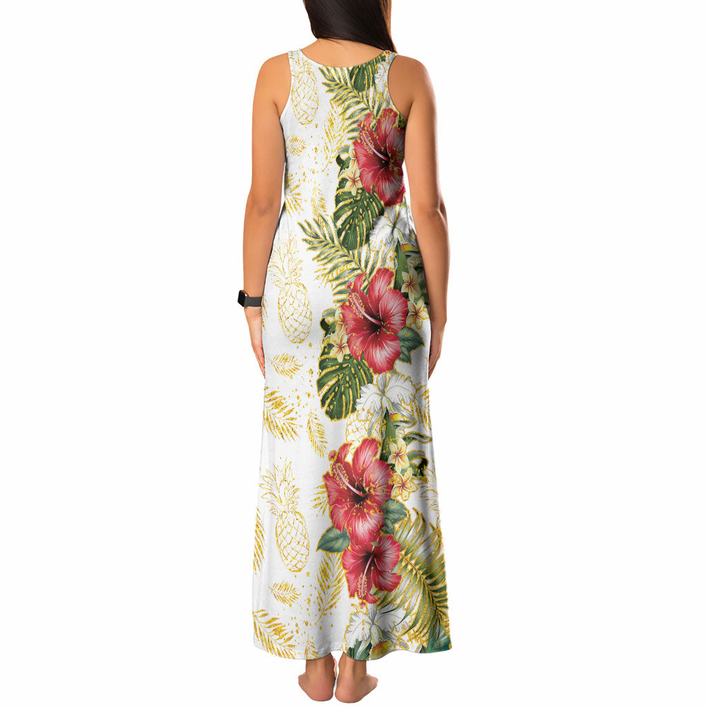 Hawaii Discoverers Day Tank Maxi Dress Tropical Hibiscus Glitter White LT05 - Polynesian Pride