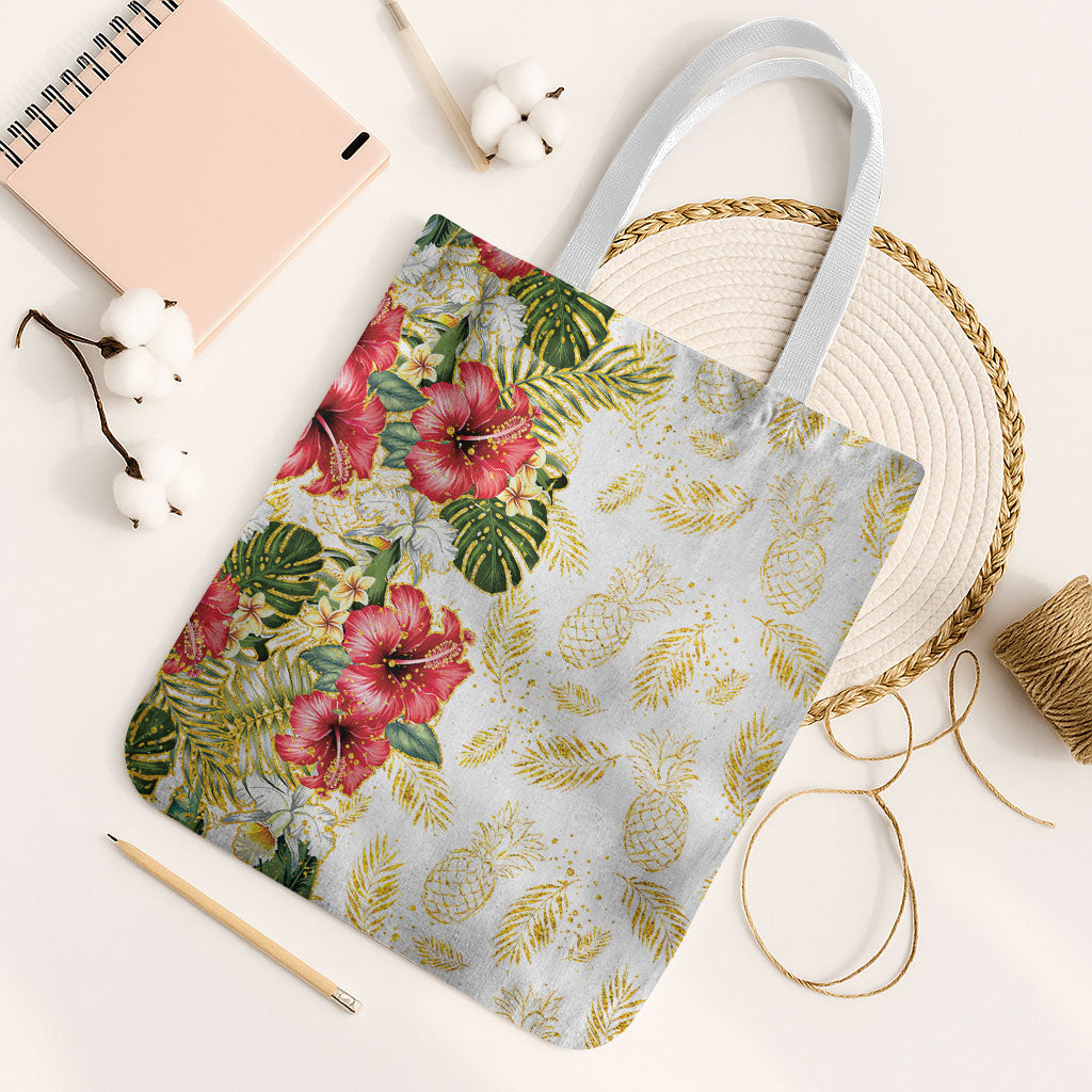 Hawaii Discoverers Day Tote Bag Tropical Hibiscus Glitter White LT05 White Strap One Size White - Polynesian Pride