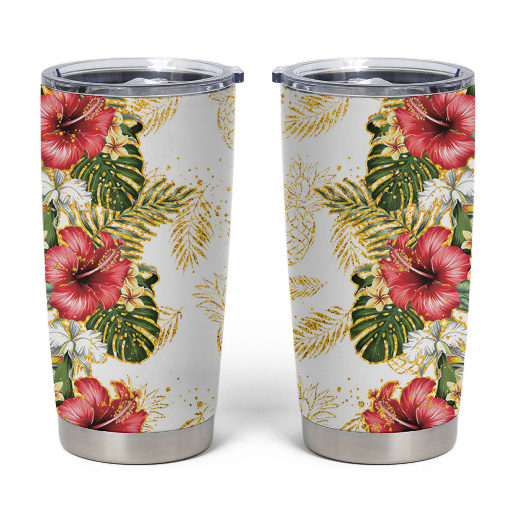 Hawaii Discoverers Day Tumbler Cup Tropical Hibiscus Glitter White LT05 White - Polynesian Pride