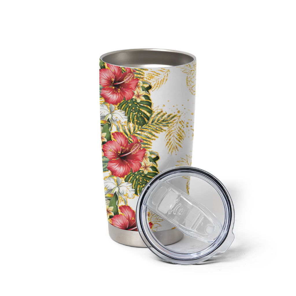 Hawaii Discoverers Day Tumbler Cup Tropical Hibiscus Glitter White LT05 - Polynesian Pride