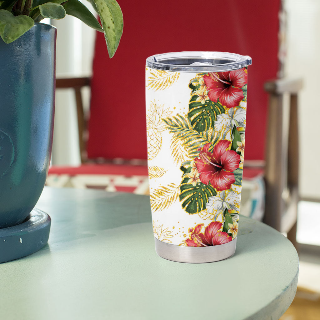 Hawaii Discoverers Day Tumbler Cup Tropical Hibiscus Glitter White LT05 - Polynesian Pride