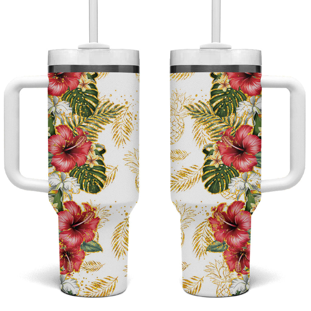 Hawaii Discoverers Day Tumbler With Handle Tropical Hibiscus Glitter White LT05 One Size: 40 oz White - Polynesian Pride