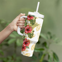 Hawaii Discoverers Day Tumbler With Handle Tropical Hibiscus Glitter White LT05 - Polynesian Pride