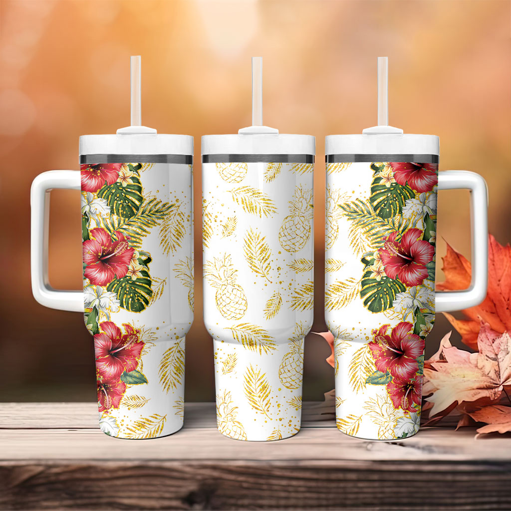 Hawaii Discoverers Day Tumbler With Handle Tropical Hibiscus Glitter White LT05 - Polynesian Pride