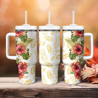 Hawaii Discoverers Day Tumbler With Handle Tropical Hibiscus Glitter White LT05 - Polynesian Pride
