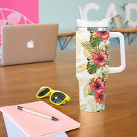Hawaii Discoverers Day Tumbler With Handle Tropical Hibiscus Glitter White LT05 - Polynesian Pride