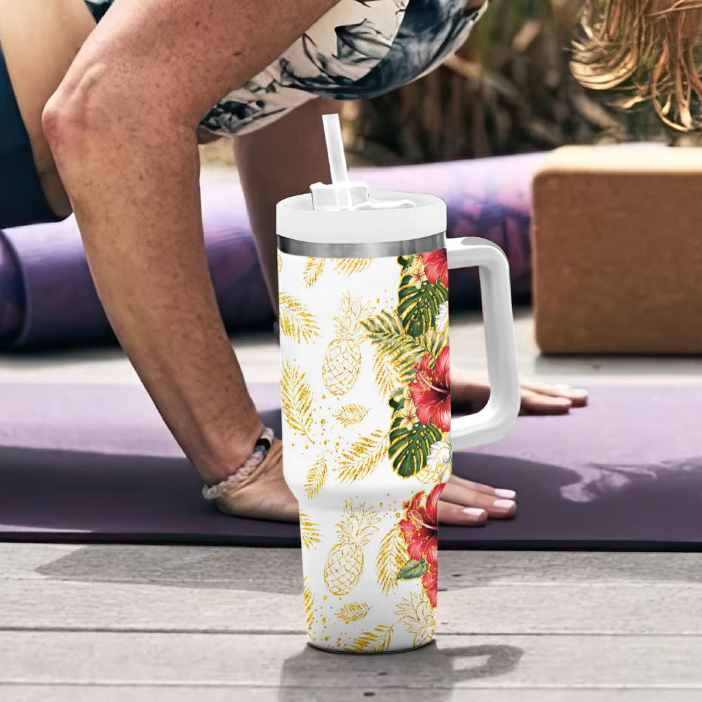 Hawaii Discoverers Day Tumbler With Handle Tropical Hibiscus Glitter White LT05 - Polynesian Pride
