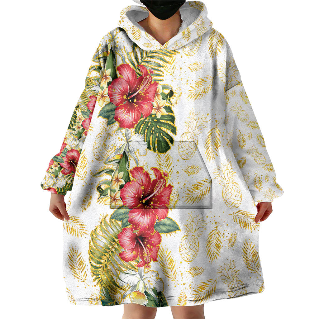 Hawaii Discoverers Day Wearable Blanket Hoodie Tropical Hibiscus Glitter White LT05 - Polynesian Pride