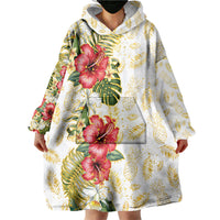Hawaii Discoverers Day Wearable Blanket Hoodie Tropical Hibiscus Glitter White LT05 - Polynesian Pride