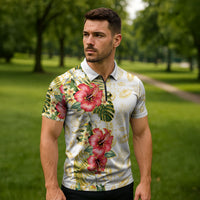 Hawaii Discoverers Day Zipper Polo Shirt Tropical Hibiscus Glitter White LT05 - Polynesian Pride