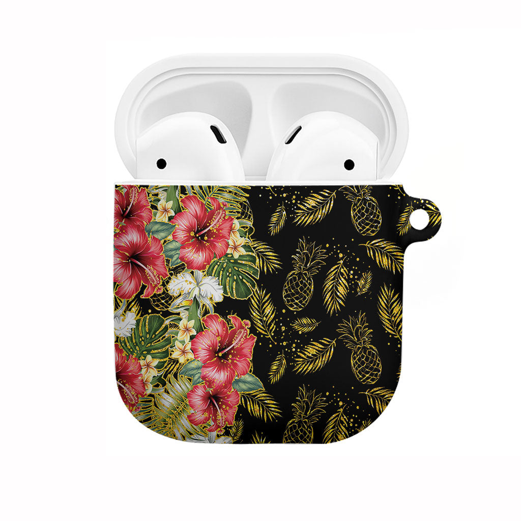 Hawaii Discoverers Day AirPods Case Tropical Hibiscus Glitter Black
