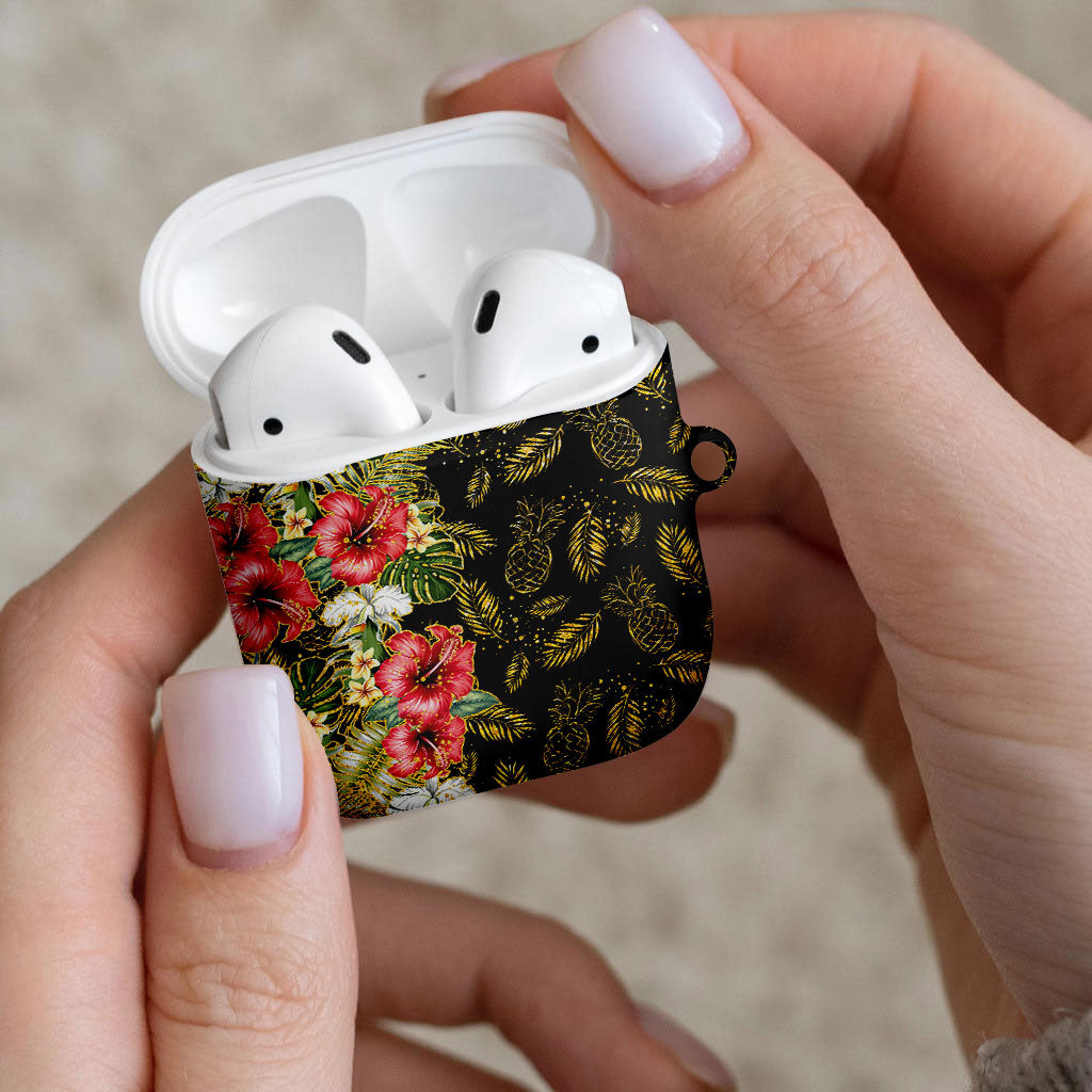 Hawaii Discoverers Day AirPods Case Tropical Hibiscus Glitter Black LT05 - Polynesian Pride