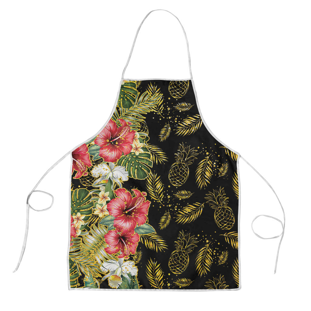 Hawaii Discoverers Day Apron Tropical Hibiscus Glitter Black