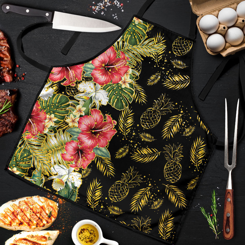 Hawaii Discoverers Day Apron Tropical Hibiscus Glitter Black