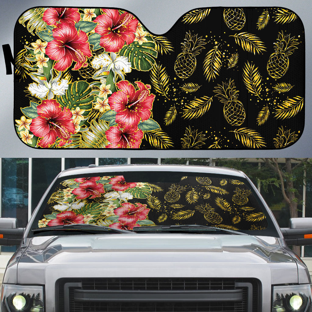 Hawaii Discoverers Day Auto Sun Shade Tropical Hibiscus Glitter Black LT05 Black - Polynesian Pride
