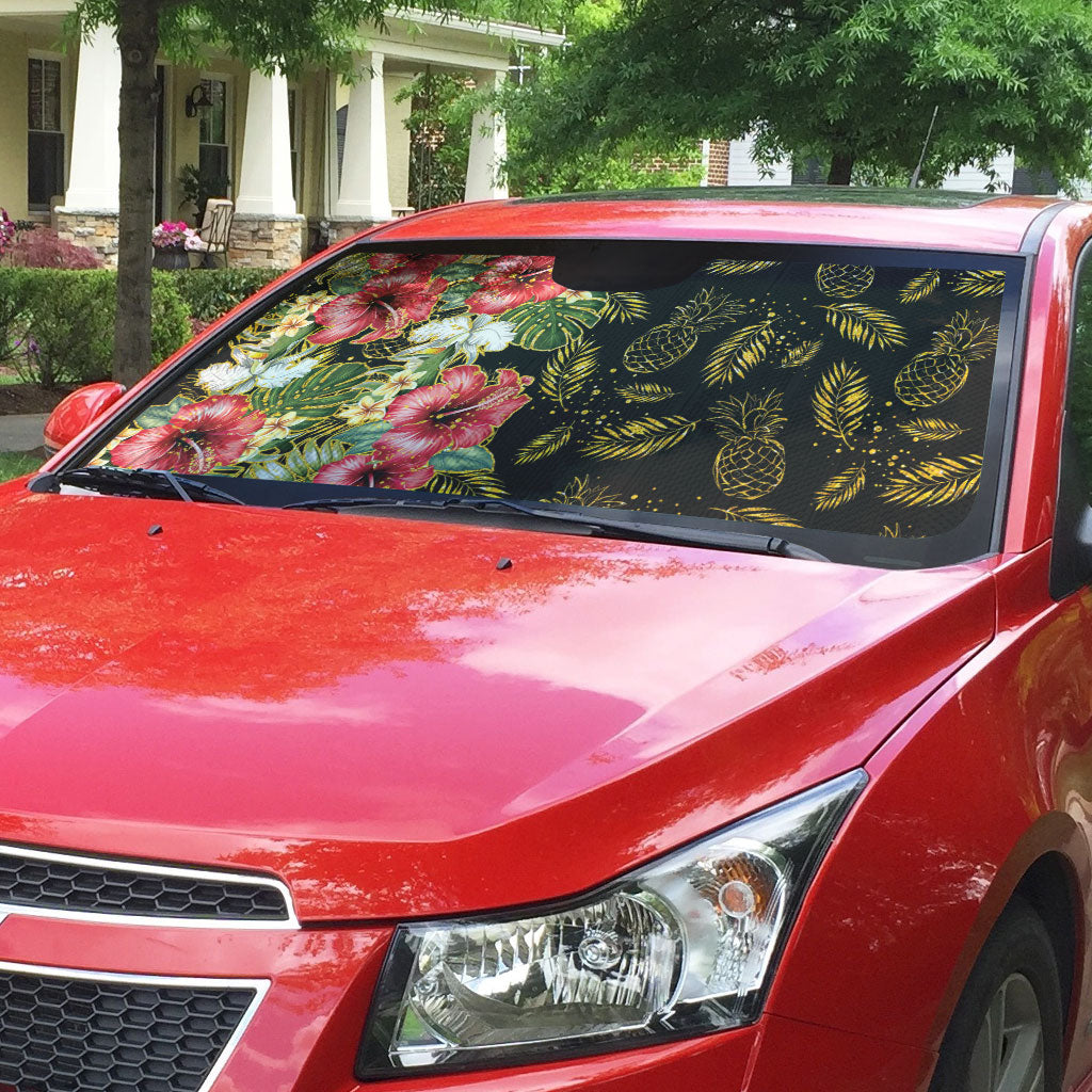 Hawaii Discoverers Day Auto Sun Shade Tropical Hibiscus Glitter Black LT05 - Polynesian Pride
