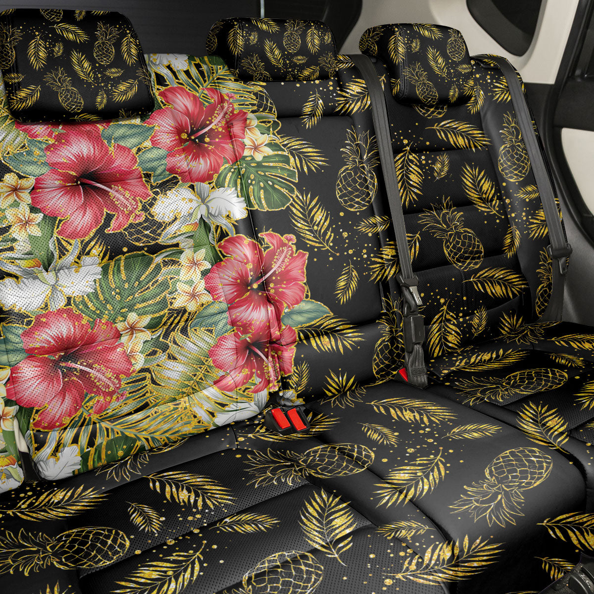 Hawaii Discoverers Day Back Car Seat Cover Tropical Hibiscus Glitter Black LT05 - Polynesian Pride