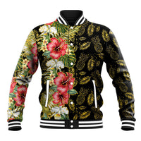 Hawaii Discoverers Day Baseball Jacket Tropical Hibiscus Glitter Black LT05 Unisex Black - Polynesian Pride