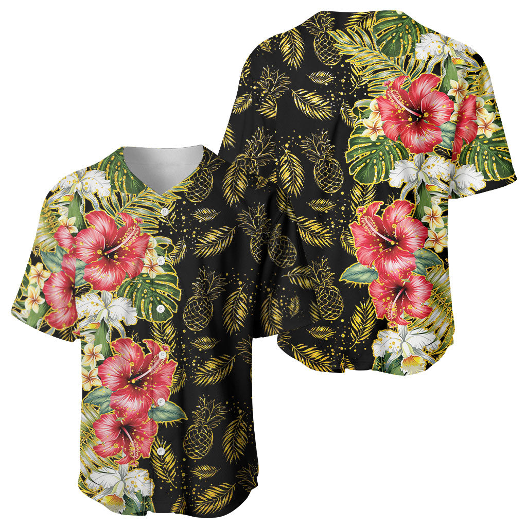 Hawaii Discoverers Day Baseball Jersey Tropical Hibiscus Glitter Black LT05 - Polynesian Pride