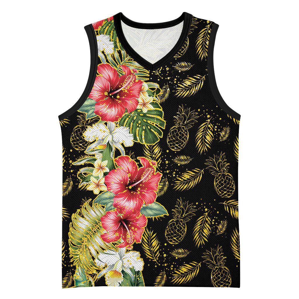 Hawaii Discoverers Day Basketball Jersey Tropical Hibiscus Glitter Black LT05 Unisex Black - Polynesian Pride