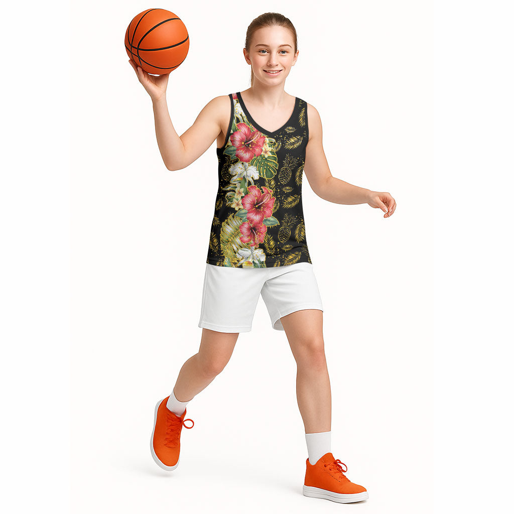 Hawaii Discoverers Day Basketball Jersey Tropical Hibiscus Glitter Black LT05 - Polynesian Pride