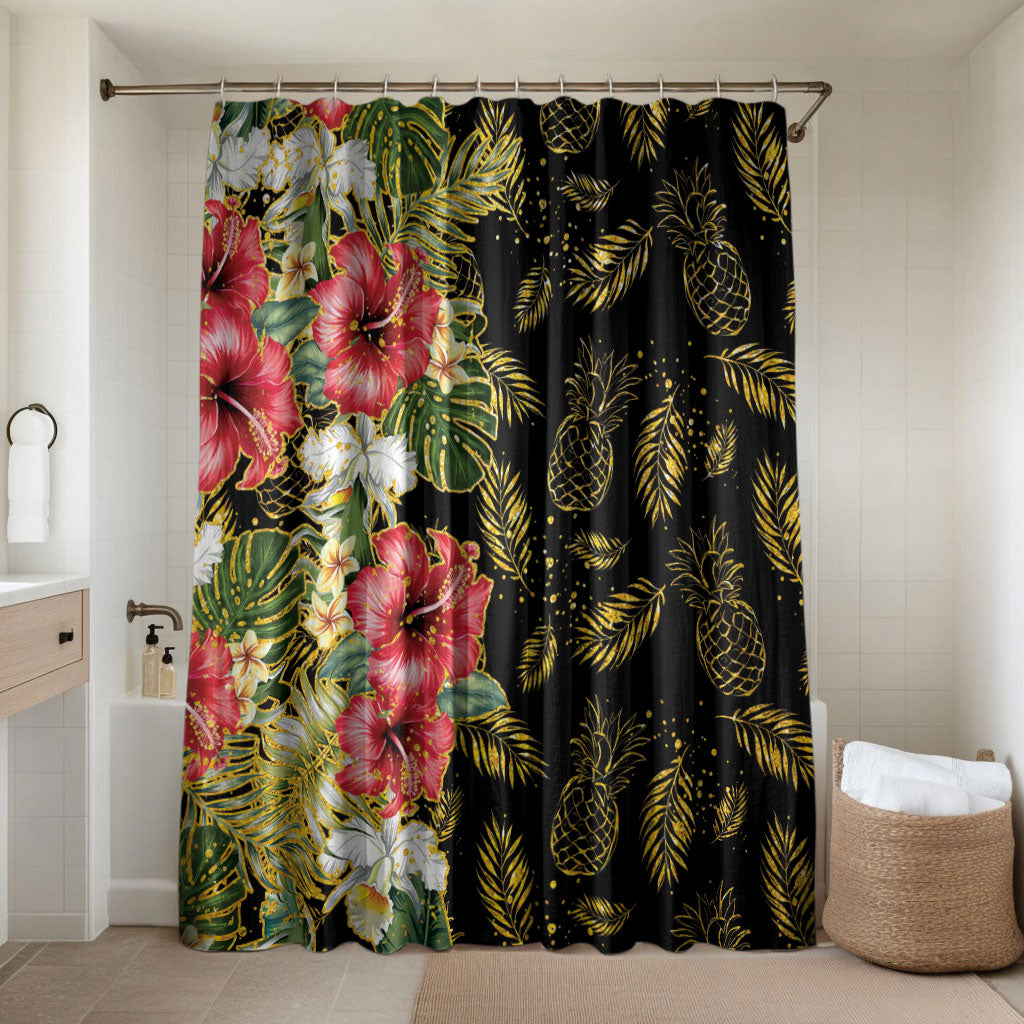 Hawaii Discoverers Day Bathroom Set Tropical Hibiscus Glitter Black LT05 Shower Curtain Only Black - Polynesian Pride
