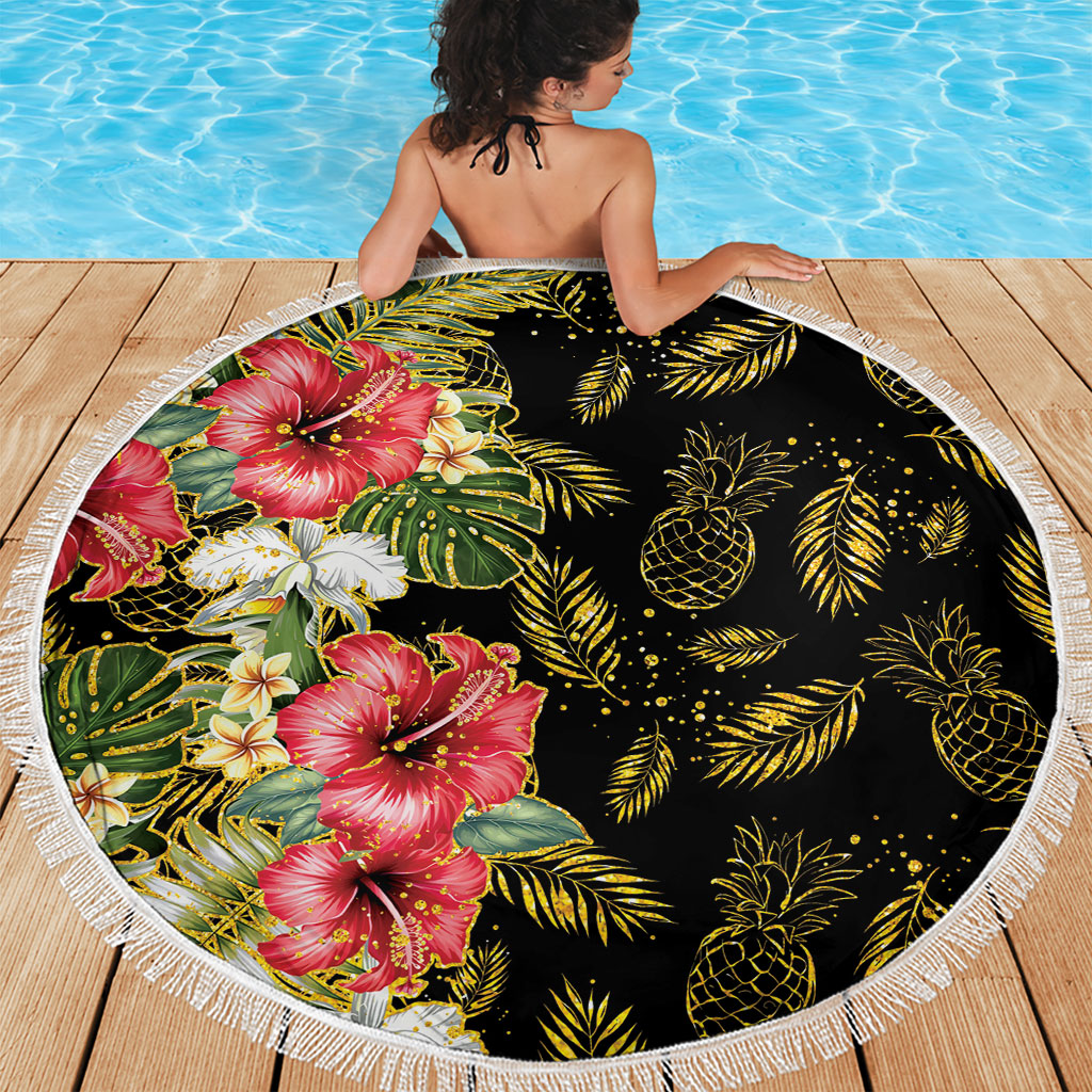 Hawaii Discoverers Day Beach Blanket Tropical Hibiscus Glitter Black LT05 - Polynesian Pride