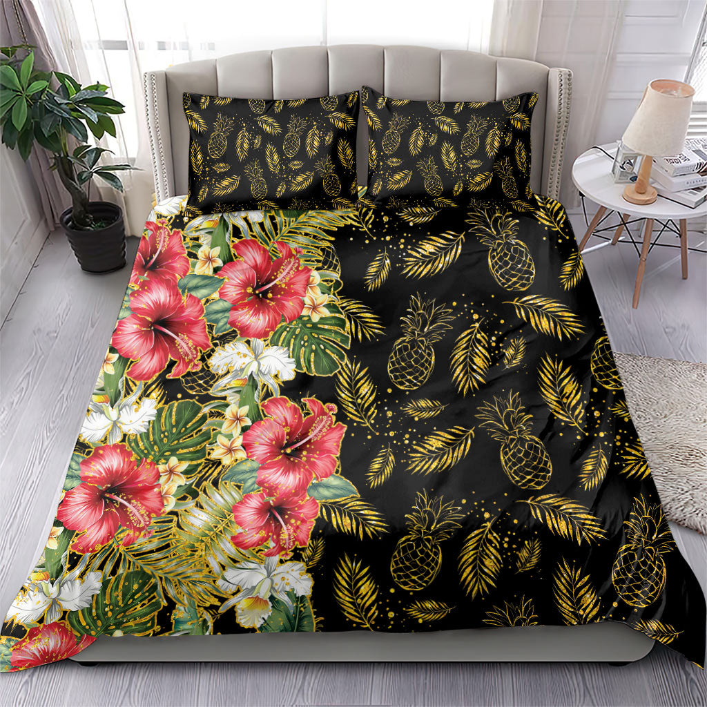 Hawaii Discoverers Day Bedding Set Tropical Hibiscus Glitter Black LT05 - Polynesian Pride